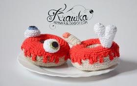 Krawka: Donuts free crochet patterns. Regular donut with pink icing and sprinkles. Halloween creepy donuts with eyeballs and fingers and bones. Perfect crochet table decoration