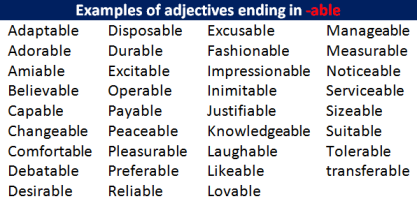 Common adjectives ending in -able