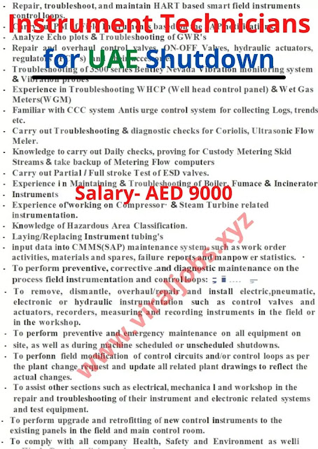 Looking for ADNOC Experienced- Instrument Technicians for UAE Shutdown