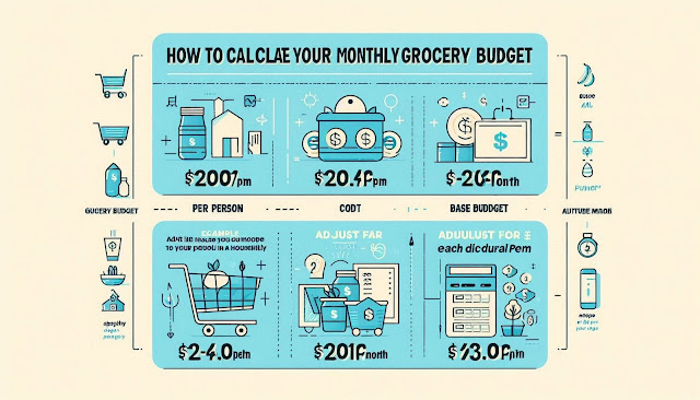 Illustration of a grocery budget calculation for different household sizes, including adults and children