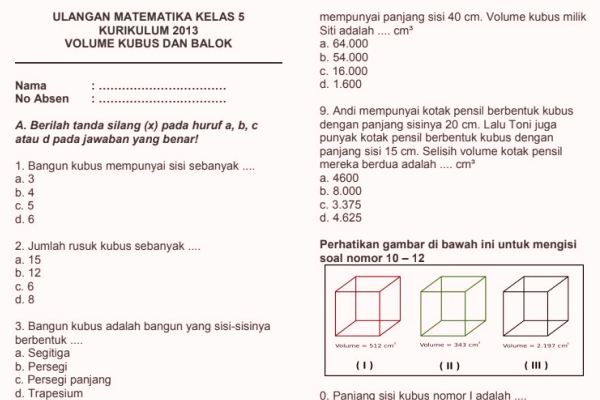  Soal  Ulangan Harian Matematika K13 Kelas  5  Volume