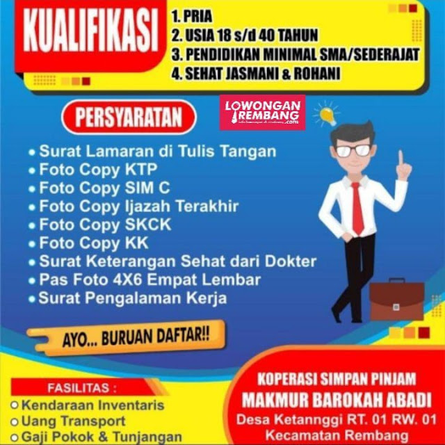 Lowongan Kerja Pegawai Marketing Koperasi Simpan Pinjam Makmur Barokah Abadi Rembang