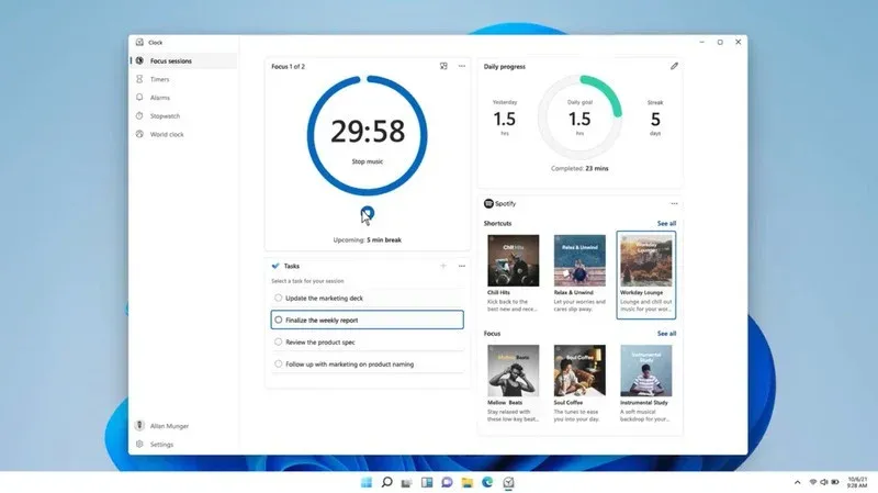 Focus Sessions di Windows 11 integra Spotify e To Do nell'app Sveglie e orologio