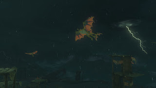 flying create looking like some yellow lizard in the dark during a thunder storm above a Bokoblin camp