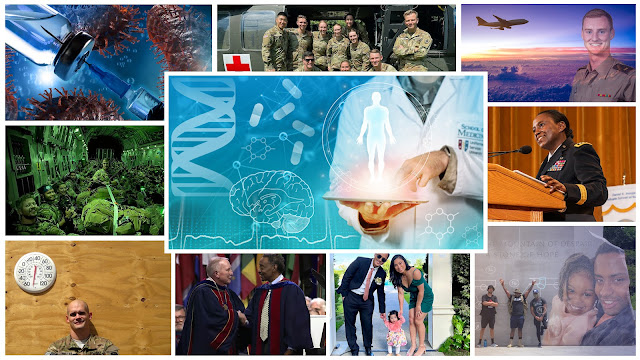 The collage includes images that represent the diverse activities and achievements of military medical personnel. From the upper left, there's an illustration of a vaccine being administered with menacing viruses in the background, symbolizing medical research and treatment. Below, a night vision photograph shows military personnel in a cargo plane, ready for deployment. In the center left, DNA helix and brain graphics denote medical science advancements. Top right, a military officer smiles confidently with an airplane and sunset behind, illustrating travel and readiness. Below, a speaker in military uniform addresses an audience, signifying leadership and communication. A family portrait of a military couple with a child highlights family life and support systems. Bottom left, a soldier poses with a thermometer showing high temperatures, indicating operations in challenging climates. The collage captures the spirit of dedication, family, and scientific advancement in the military medical community.