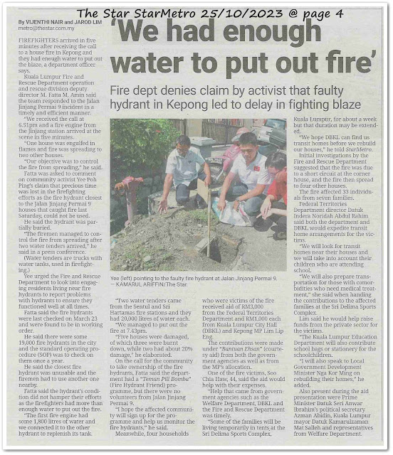 We had enough water to put put fire ; Fire dept denies claim by activist that faulty hydrant in Kepong led to delay in fighting blaze - Keratan akhbar The Star 25 October 2023