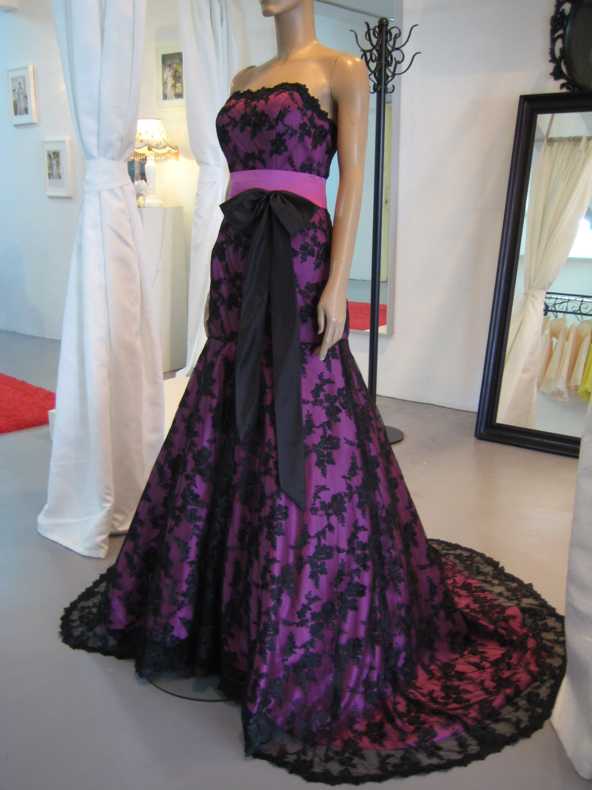 lace wedding dress with cap sleeves and open back Black Lace and Fuchsia Satin Evening Dress