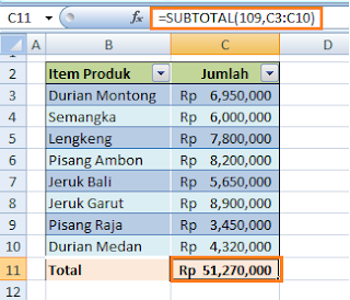 Rumus Excel SUBTOTAL Penjumlahan Sel Kelihatan Saja