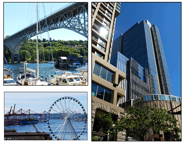 Seattle skyscrapers on sunny day, bridges and floating houses, Seattle Ferris wheel and shipyards