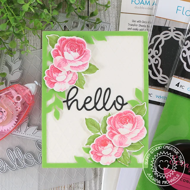 Sunny Studio Stamps: Botanical Backdrop Everything's Rosy Hello Word Die Two Scoops Stitched Oval Friendship Cards by Juliana Michaels Angelica Conrad