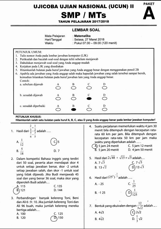 Soal Dan Kunci Jawaban Ucun To Un Matematika Smp Dki Jakarta