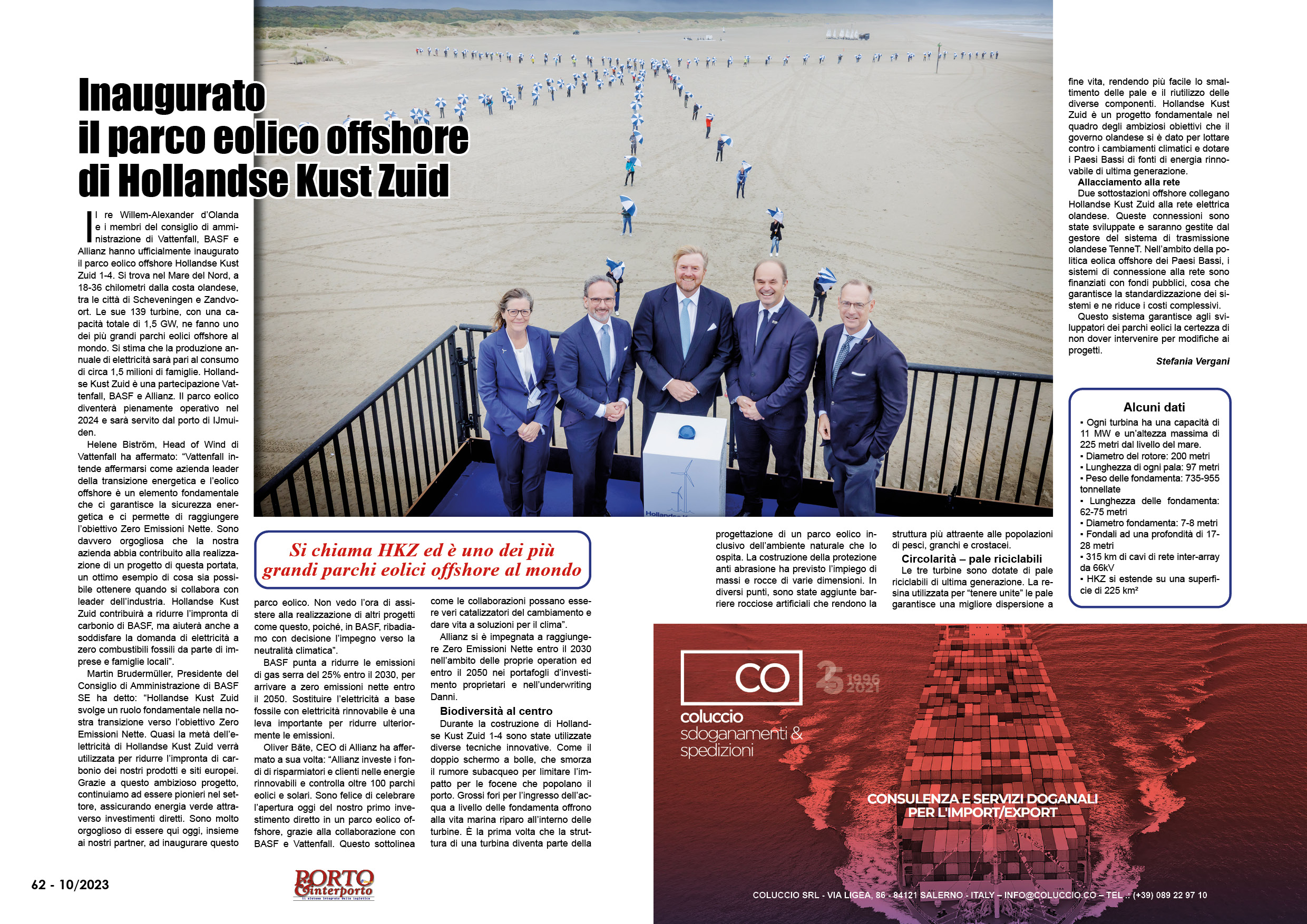 OTTOBRE 2023 PAG. 62 - Inaugurato il parco eolico offshore di Hollandse Kust Zuid