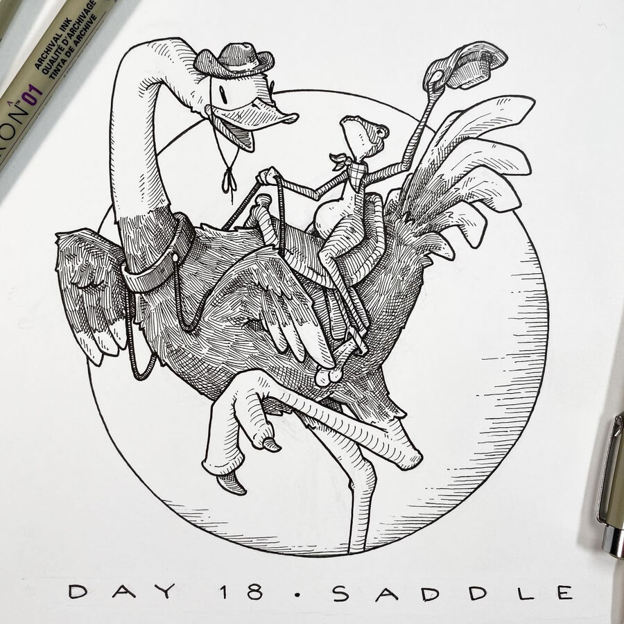 05-The-ostrich-and-frog-rodeo-Inktober-2023-Sketches-Jake-Summerour-www-designstack-co
