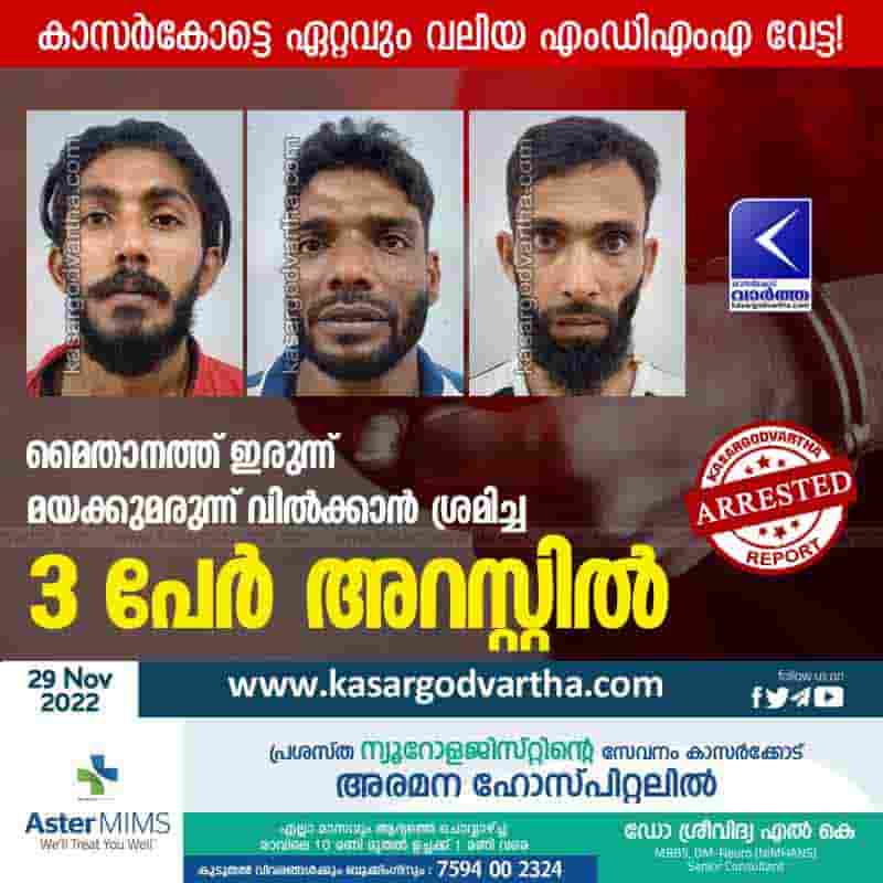 3 people arrested with MDMA, Kerala,Kasaragod, Uppala, News, Top-Headlines, Arrest, MDMA, Police.