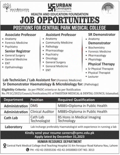 Central Park Medical College and Teaching Hospital Lahore Jobs December 2023 / 2024 Teaching Faculty & Others Latest