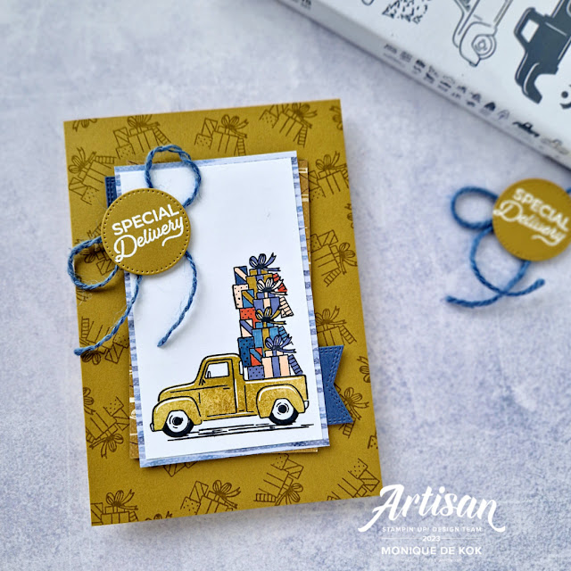 Trucking Along Bundle, Trucking Along stampset, pons, stempelset, zelfgemaakte kaart, stempelen, Stampin met Monique, Stampin Up!, kerstkaart