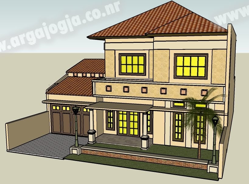 Desain Sketch Eksterior Fasad Rumah 2 Lantai Mediteran 