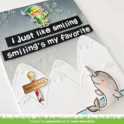 Smiling's My Favorite Card by Samantha M for Lawn Fawnatics Challenge, Lawn Fawn, Elf, Christmas, Card Making, Christmas Cards, Distress Inks, Ink Blending #lawnfawnatics #lawnfawn #elf #cardmaking #christmascard #christmas