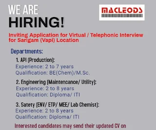 Macleods Pharmaceuticals Ltd Hiring Diploma/ ITI / BE/ MSc Experienced Candidates Selection By Virtual/ Telephonic Interview