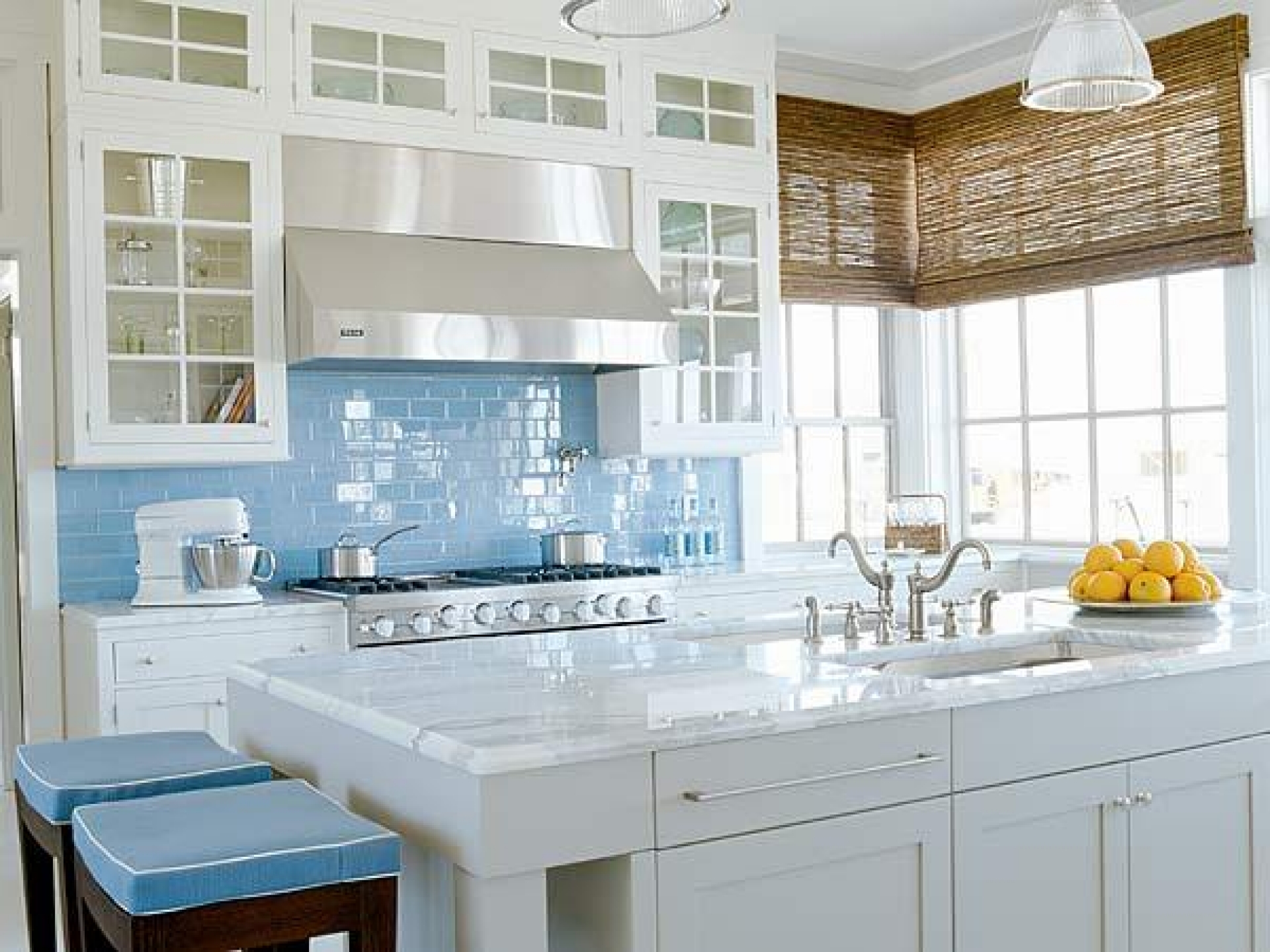 Blue Tile Pattern Glass Kitchen Backsplash