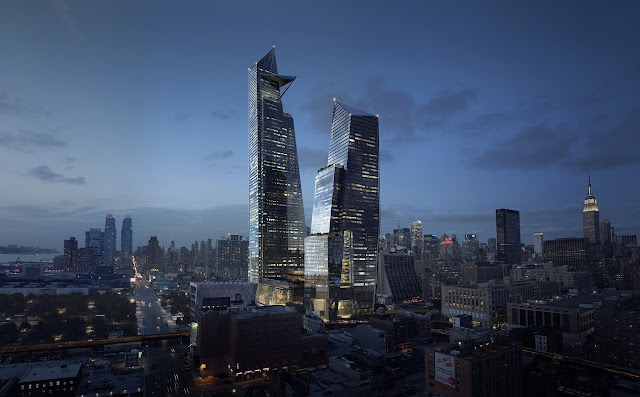 Picture of two tallest office buildings on the Hudson Yards site as seen at night from the air