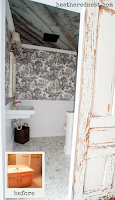 French Country Farmhouse Style Bathroom Renovation with Barnboard ceiling and sliding door - TAKE A LOOK!!