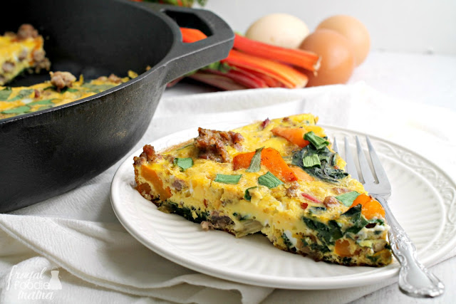 This hearty Farmers Market Frittata is brimming with locally raised pork sausage, bell pepper, & fresh rainbow chard.