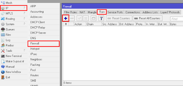 Tampilan Menu IP > Firewall > RAW