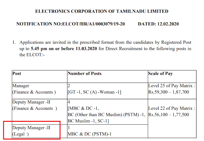 Deputy Manager -II (Legal ) at ELCOT  - last date 11.03.2020