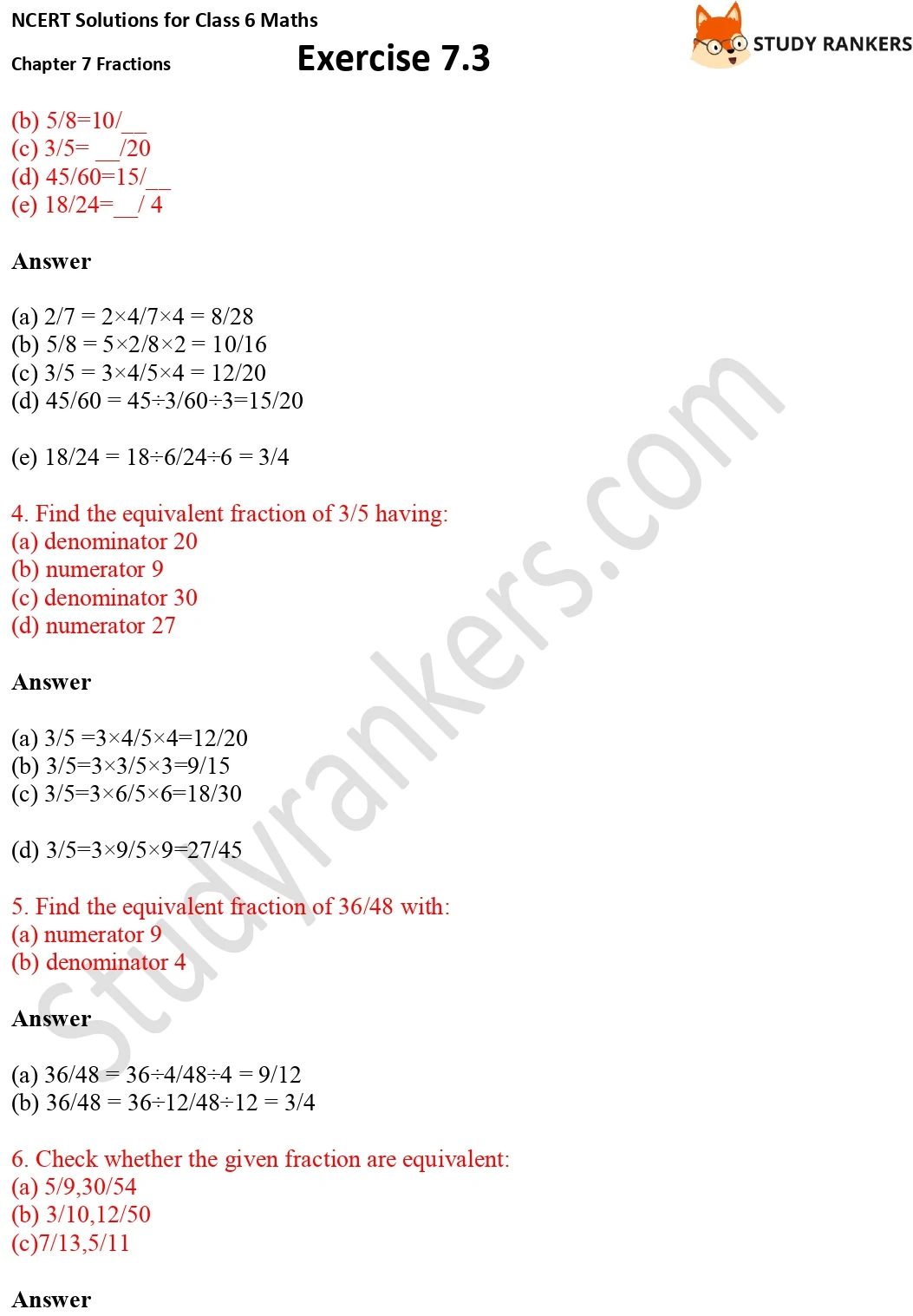 NCERT Solutions for Class 6 Maths Chapter 7 Fractions Exercise 7.3 Part 2
