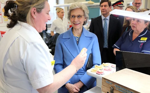 The Duchess of Gloucester wore a sky blue wool midi coat by Max Mara. The Duchess visited the Rainbow Suite