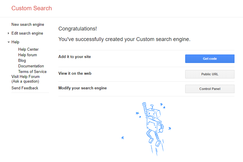 After this is set up with the site or sites you’d like to have the custom search engine include search results from, click the “Create” button. The following page will show a generated script expressly for your network’s custom search engine.