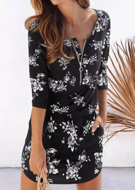 Floral Pocket Drawstring Elastic Waist Mini Dress | Color Black