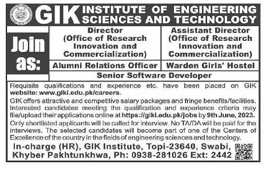 GIK Institute Of Engineering Science And Technology Jobs 2023