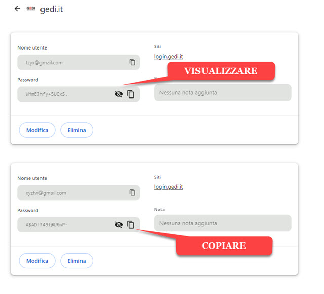 password da visualizzare copiare o eliminare