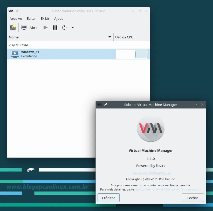 virt-manager executando no openSUSE Leap 15.5