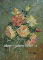 Morning sunrise, 8 x 6 oil painting in 1995 by Clemence St. Laurent - spray of yellow and peach roses