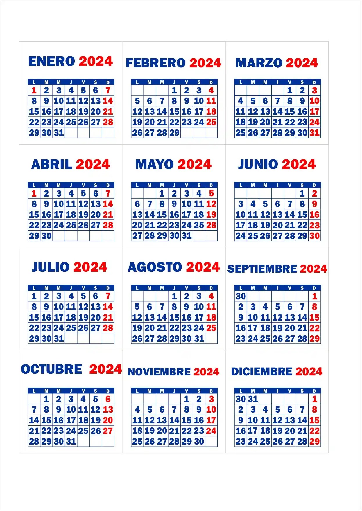 Mini calendario 2024 para imprimir