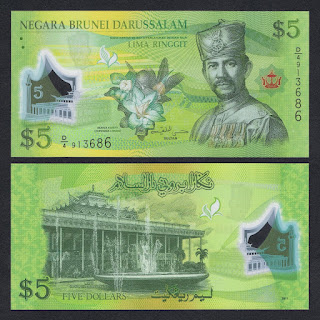 B7 BRUNEI 5 DOLLARS POLYMER ISSUE UNC 2011 (P-36) 