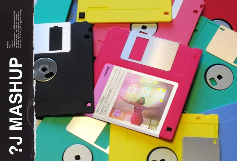 A pile of colourful floppy discs. With one pink disc with a label on it, which features the cover art of my Beyoncé x Girls’ Generation mashup. The cover art of which features a shot of Beyoncé in a lace dress, with her arms outstretched in front of a wall of stained glass windows.