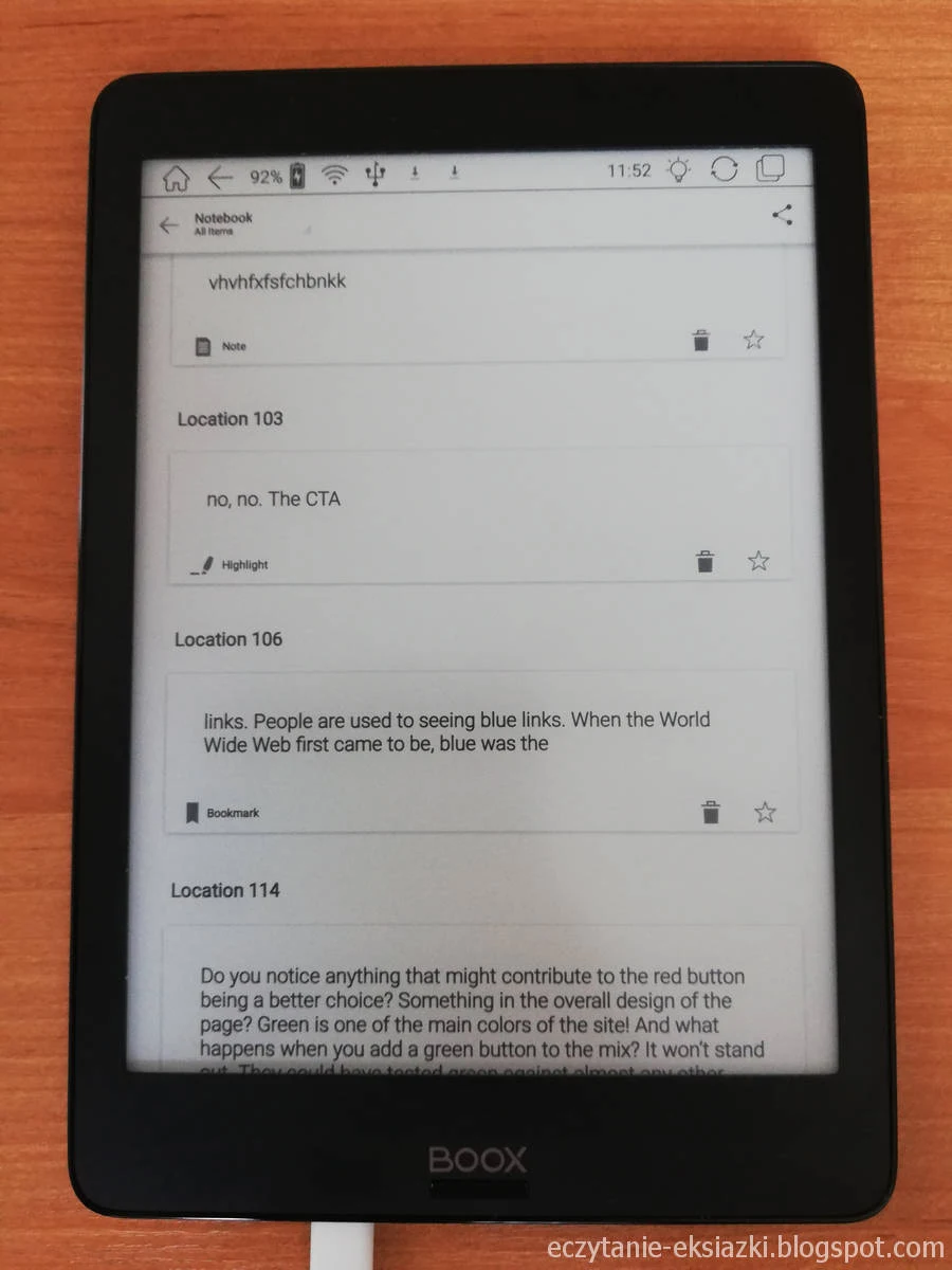 Przegląd zaznaczeń tekstu w aplikacji Kindle na Onyx Boox Nova
