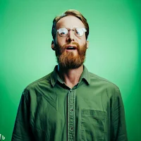 Image depicting a comical illustration of Mike Blowers as a floating head, wearing a green shirt against a green screen background.