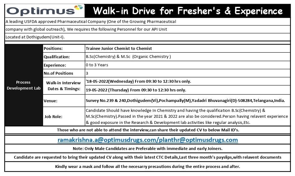 Job Availables,Optimus Drugs Walk-In-Interview For BSc/ MSc- Freshers/ Experienced