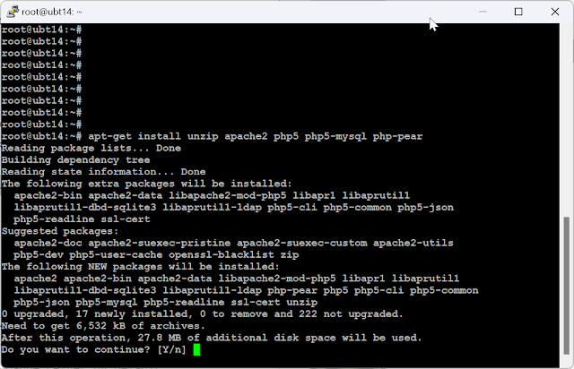 Ketik Y untuk setuju instal Apache2 dan PHP