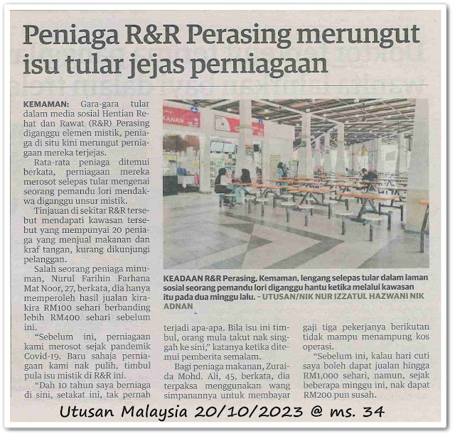 Peniaga R&R Perasing merungut isu tular jejas perniagaan - Keratan akhbar Utusan Malaysia 20 Oktober 2023