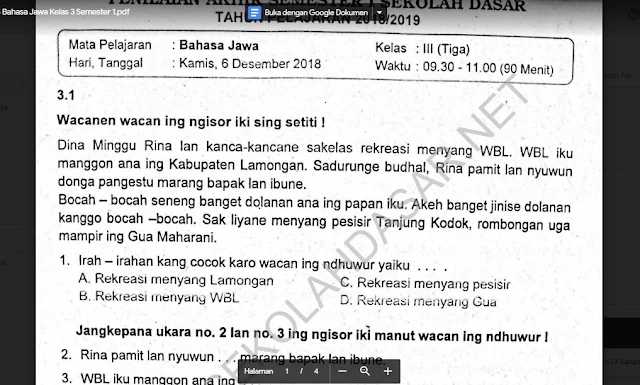 Soal Ulangan K13 Bahasa Jawa Kelas 3 Semester 1