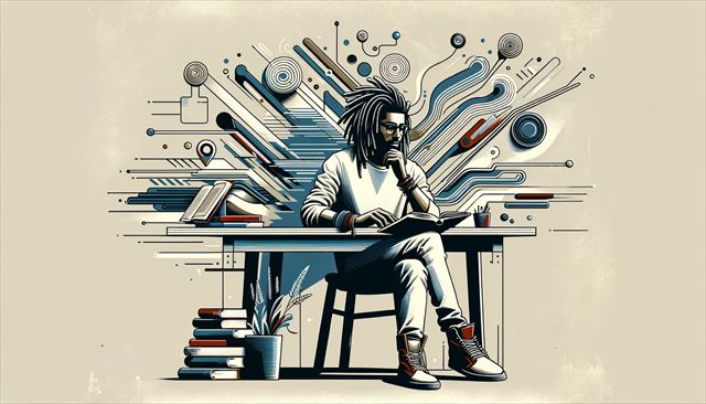 A new, minimalist, abstract illustration capturing a casually dressed Japanese man with dreadlocks sitting at a desk, symbolizing a moment of introspection about his study habits. This unique scene includes abstract representations of books and digital devices, suggesting a blend of traditional and modern study methods. Light and shadow play around him to symbolize the balance between effort and relaxation, with a background that hints at a crossroads, representing his contemplation on finding a sustainable pace for work and study. Make sure this illustration offers a fresh perspective and does not duplicate any previously provided imagery, focusing on the protagonist's reflection on not needing to push himself too hard every day.