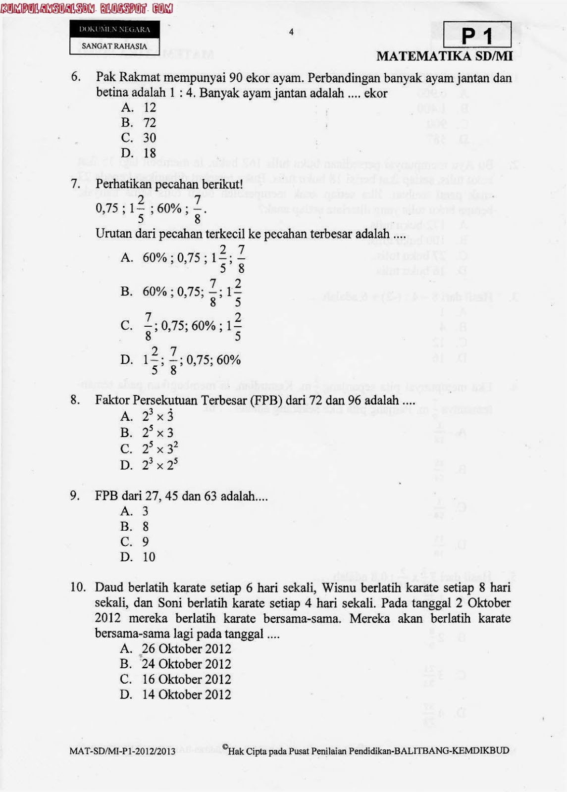 Soal UN Utama Matematika Kelas 6 SD TA 2012\/2013  Portal Download