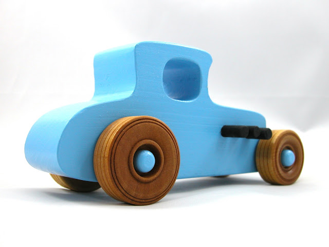 Wood Toy Car Hot Rod '27 T-Coupe, Handmade and Finished with Baby Blue and Black Acrylic Paint and Amber Shellac, Race Car, Street Rod