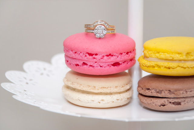 Pink, yellow, macaroons, engagement ring, cluster ring
